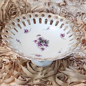 Vintage Thames Handpainted Dainty Violet Pedestal Cutwork Dish Coquette Bridal